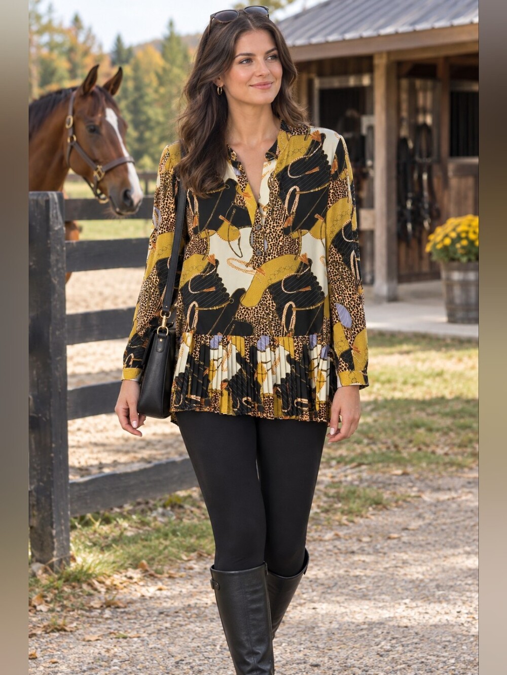 Zara Basic Equestrian Animal Print Pleated Hem Tunic Top Size S